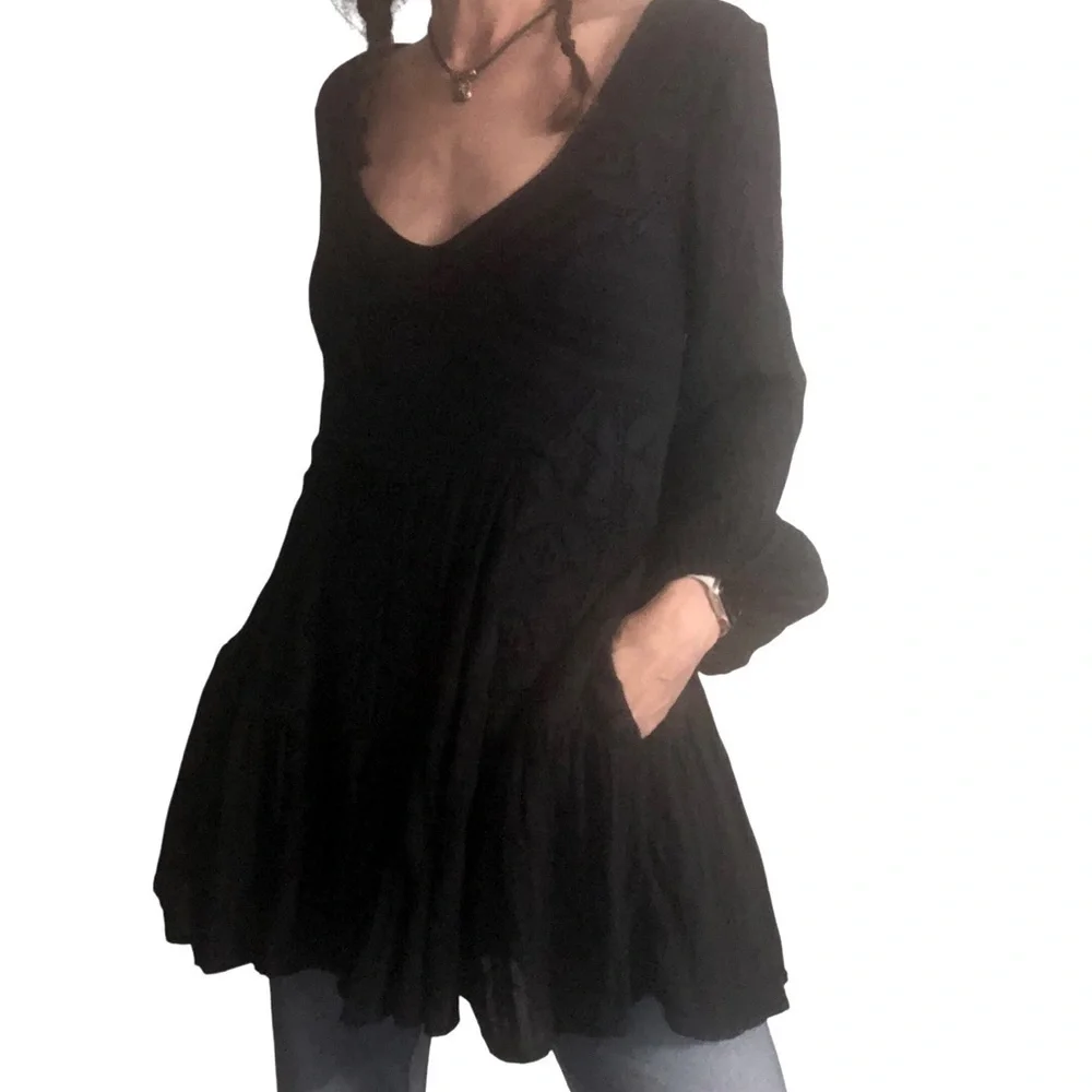 Free People Mini Dress Sz S Black Whimsigoth Boho Grunge Patchwork Cottagecore